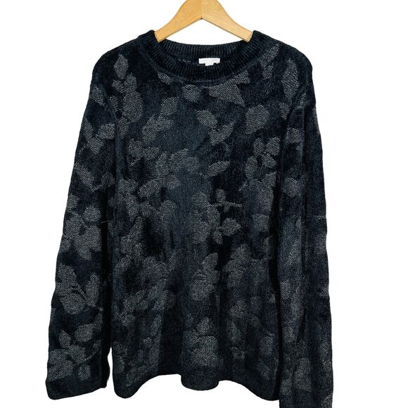 J Jill Heavy Knit Silk Wool Crewneck Sweater Loose Fit Floral Casual Black - XL - Picture 1 of 6